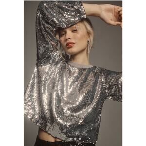 CHRLDR at Anthropologie Jace Round-Neck Sweatshirt Size M Color Silver